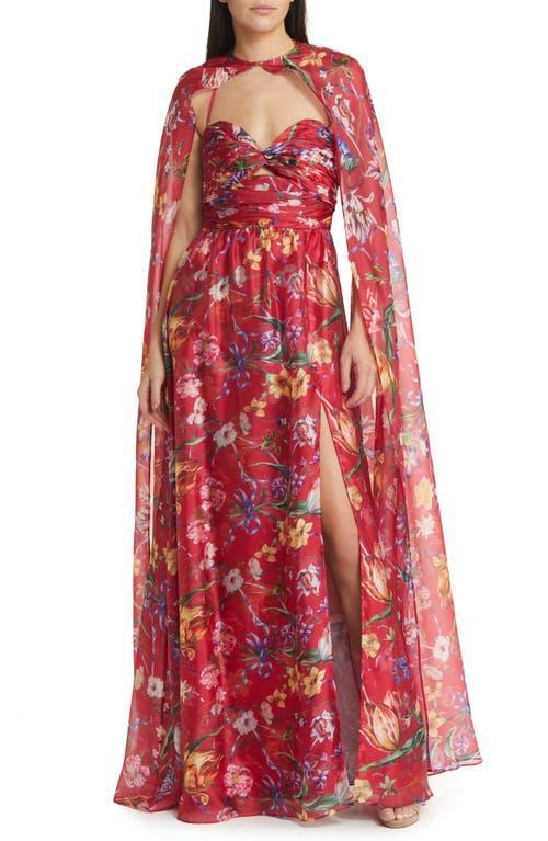 Cutout Floral-Print Sweetheart Cape Gown Product Image