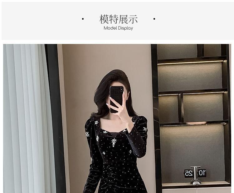 Long Sleeve Square Neck Dotted Embroidered Ruched Slit Bodycon Midi Dress Product Image