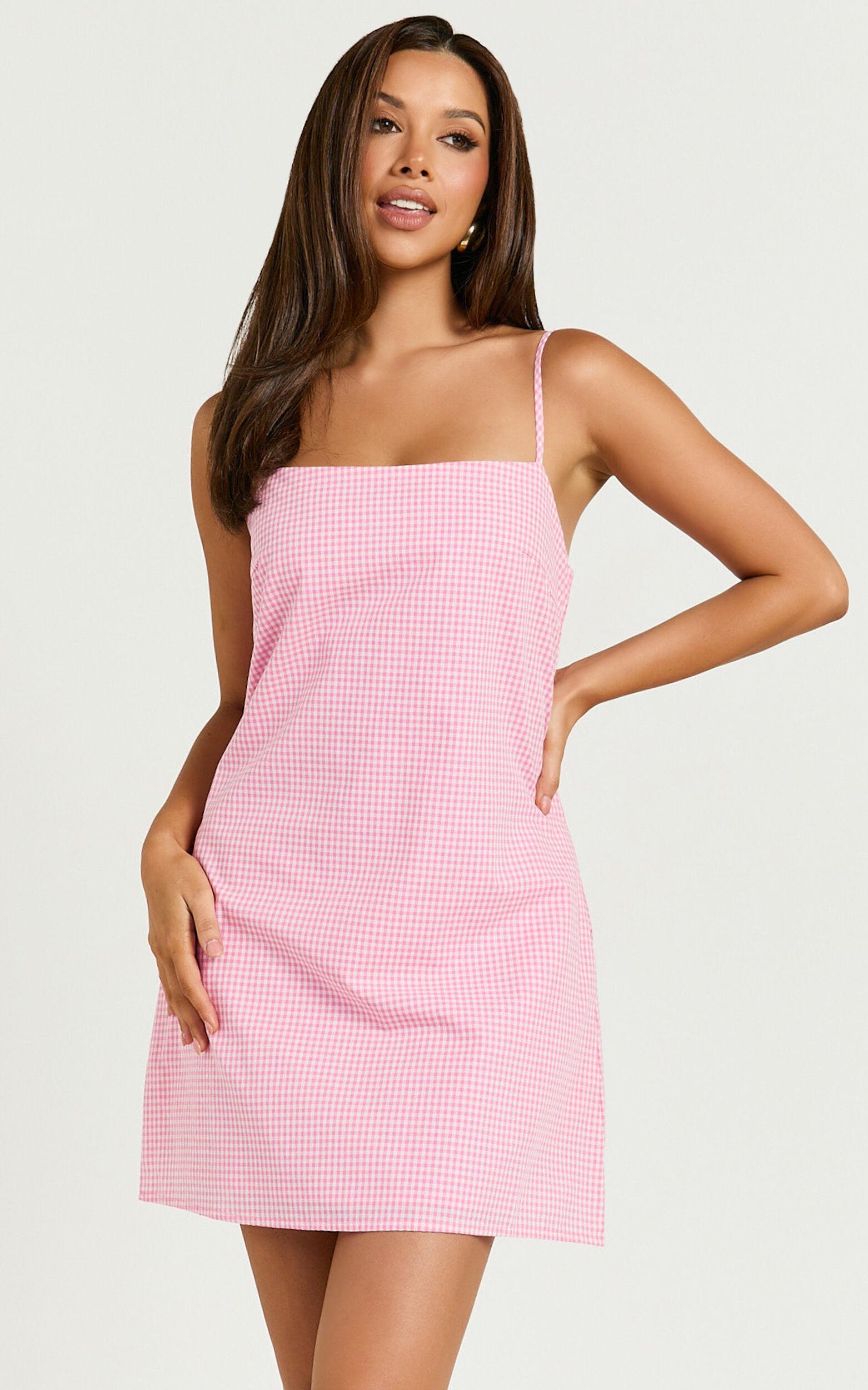 Mavie Mini Dress - Linen Strappy Shift Dress in Pink Gingham Product Image