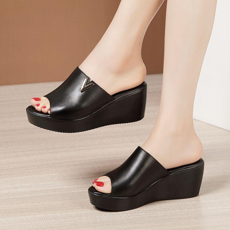 Platform Wedge-Heel Slide Sandals Product Image