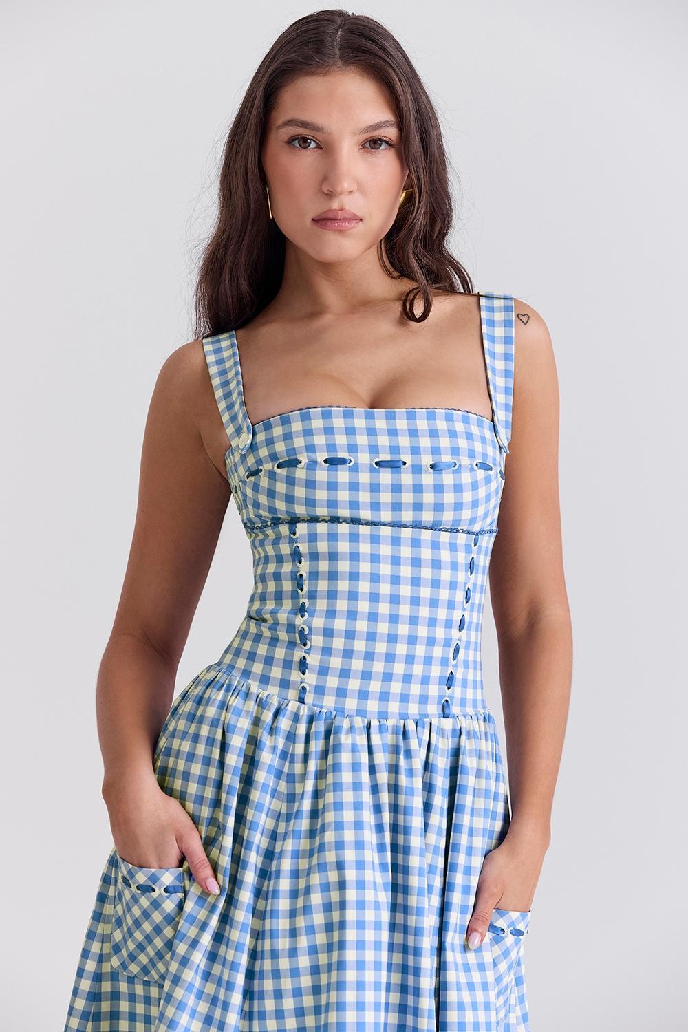 Vivien Regatta Blue Gingham Midi Sundress Product Image