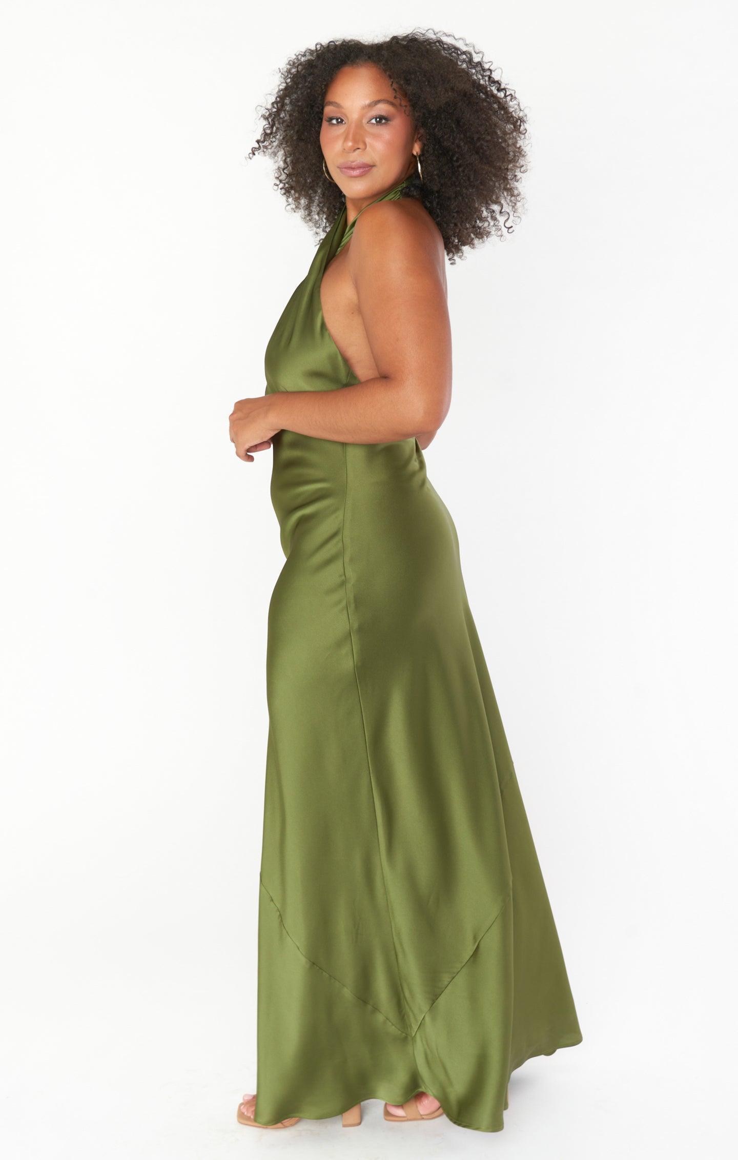 Jasmine Halter Maxi Dress ~ Rich Olive Luxe Satin Product Image