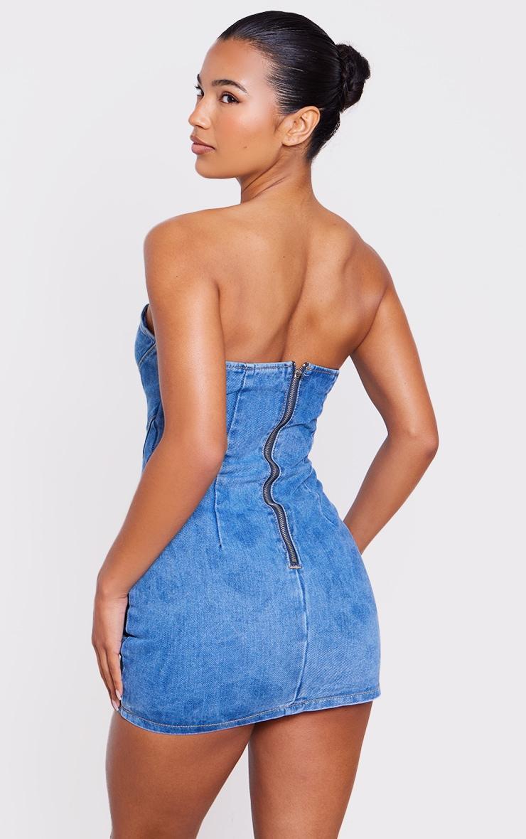 Mid Blue Wash Seam Detail Bandeau Denim Mini Dress Product Image