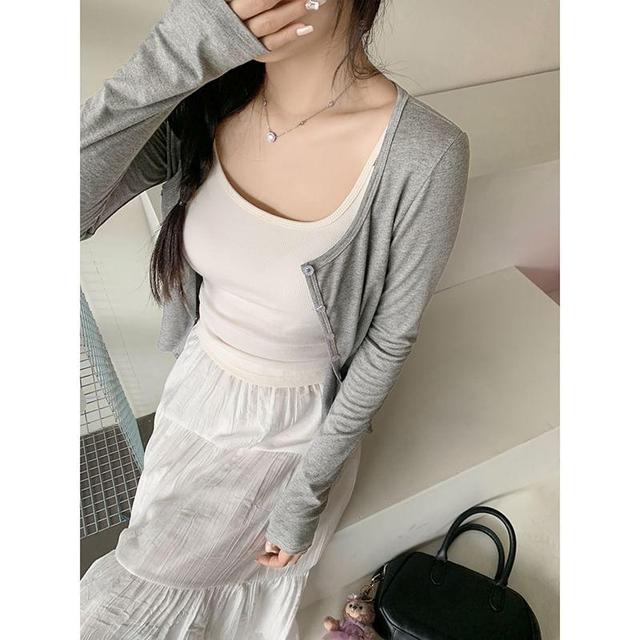 Long Sleeve Plain Slim-Fit Crop Lightweight Cardigan Product Image