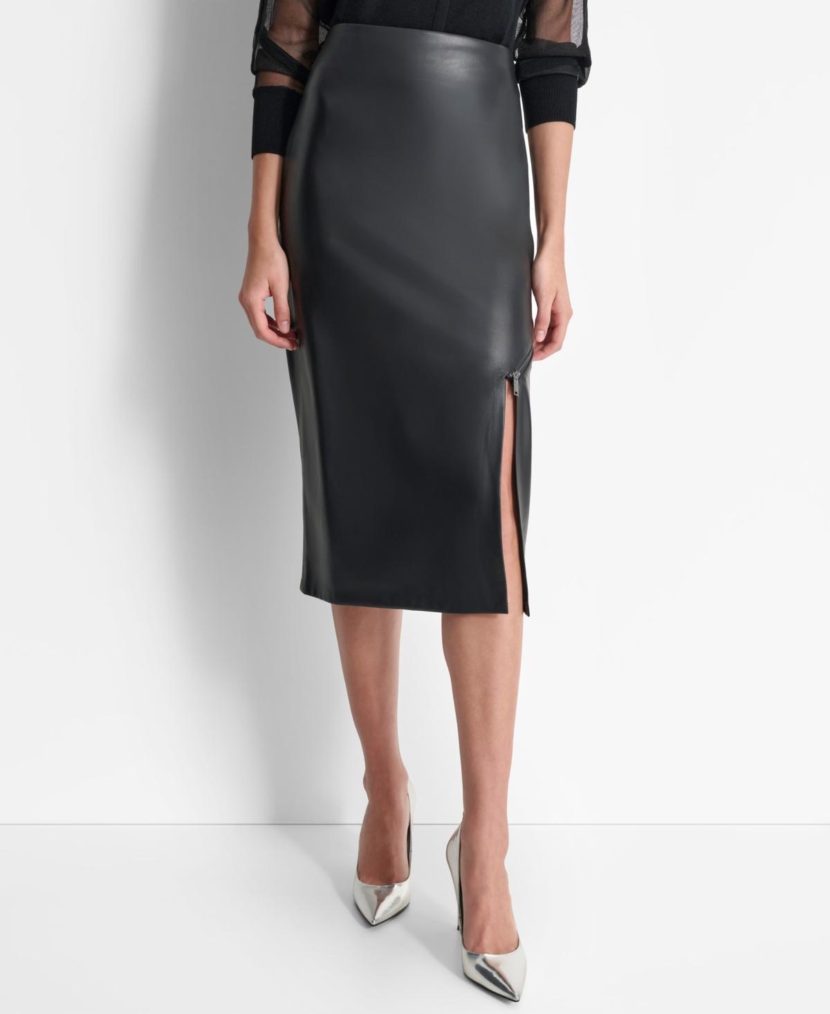 Dkny Womens Zipper-Hem Faux Leather Midi Skirt Product Image