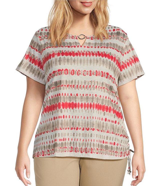 Allison Daley Plus Size Tie-Dye Stripe Short Sleeve Keyhole Neck Ruched Side Tie Hem Knit Top Product Image