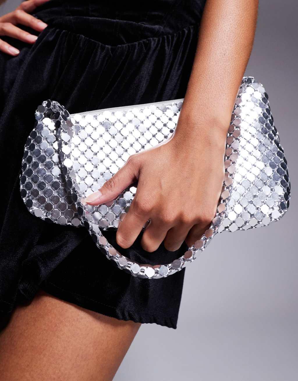 ASOS DESIGN asymmetric chainmail shoulder bag in silver Product Image