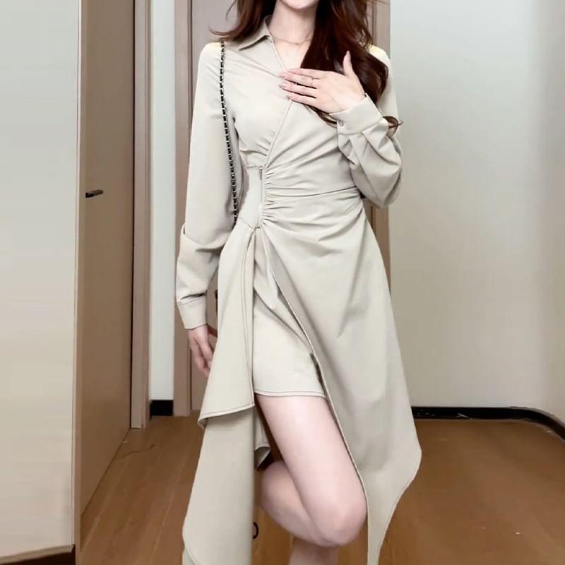 Long-Sleeve V-Neck Asymmetrical Plain Maxi A-Line Dress Product Image