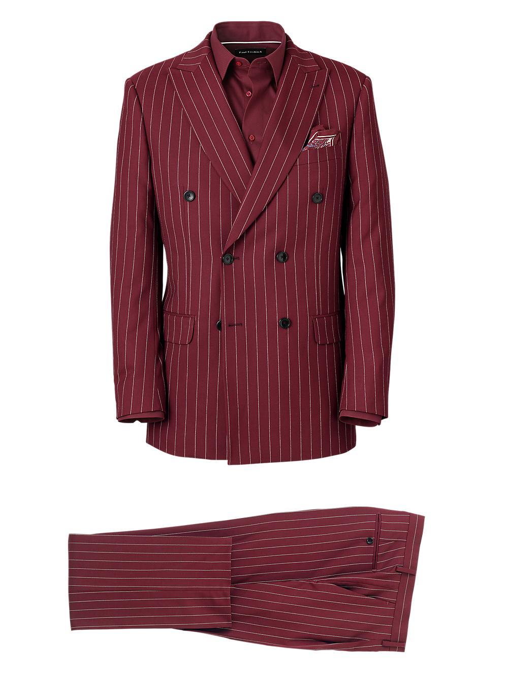 Wool Stretch Stripe Double Breasted Peak Lapel Suit - Burgundy Product Image