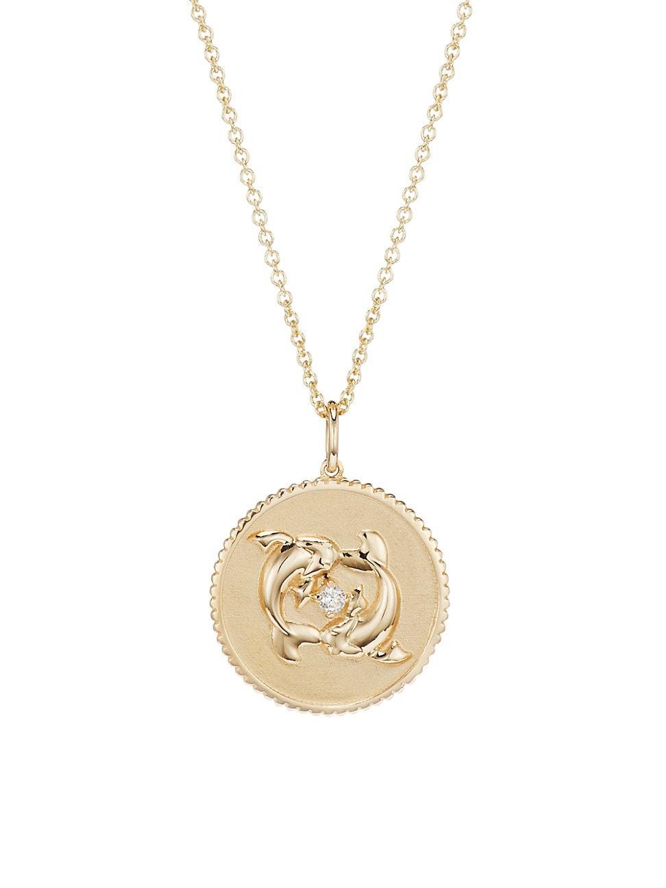 Womens 14K Yellow Gold & Diamond Large Zodiac Medallion Pendant Necklace Product Image