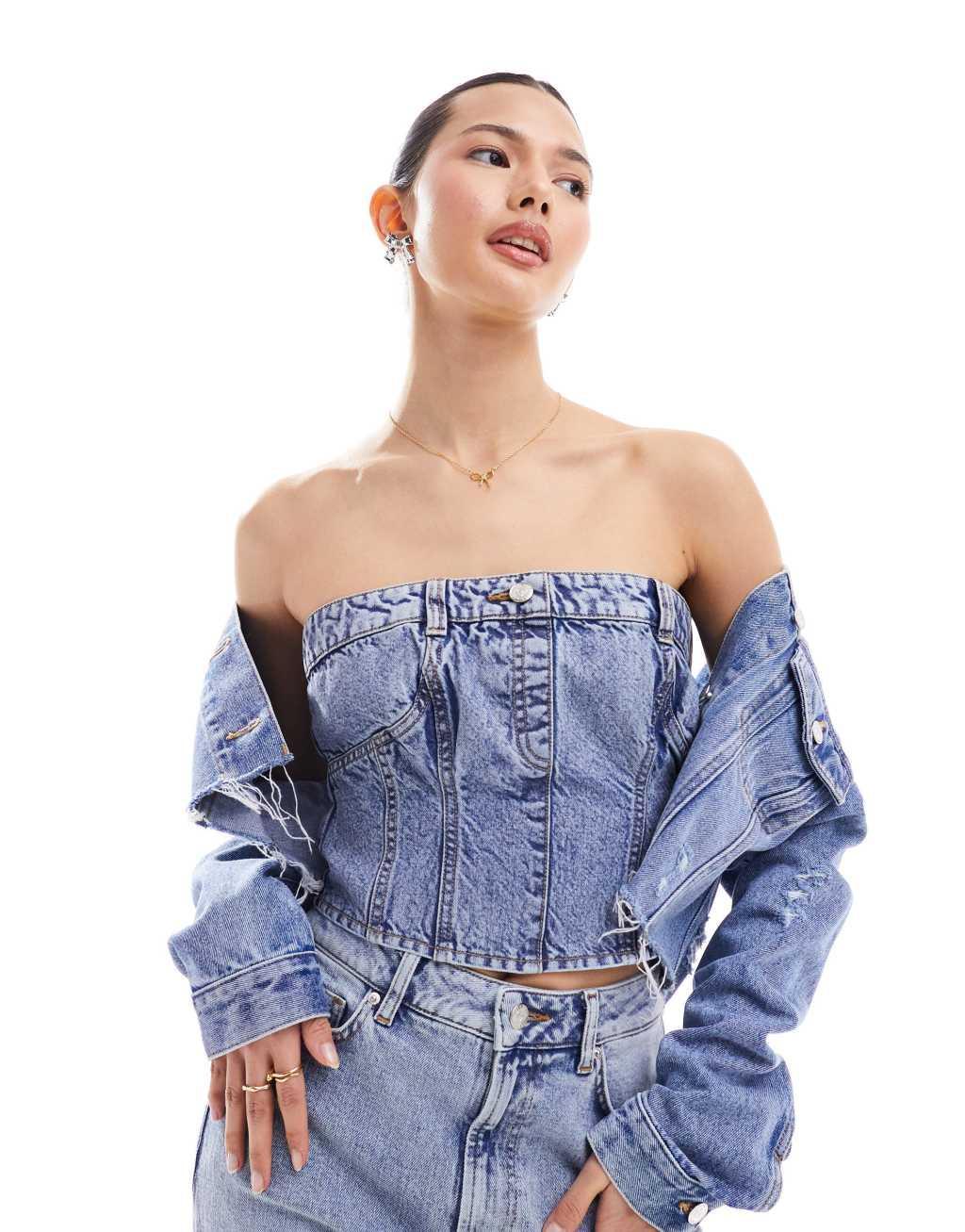 Miss Selfridge denim bandeau top in mid wash Product Image