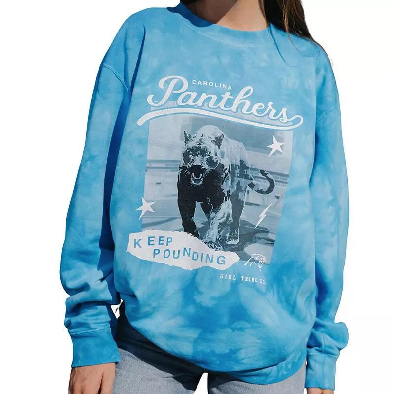 Womens Girl Tribe Co. Blue Carolina Panthers Keep Pounding Tie-Dye Pullover Sweatshirt Product Image