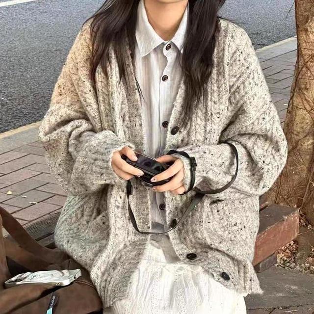 Cable Knit Plain Button-Up Cardigan Product Image