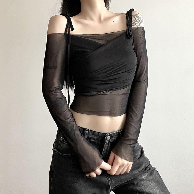 Long Sleeve Tie-Strap Off-Shoulder Plain Mesh  Crop Top Product Image