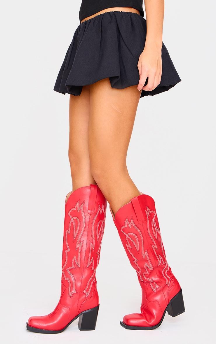 Red PU Square Toe Stitch Detail Knee High Block Heel Western Boots product image