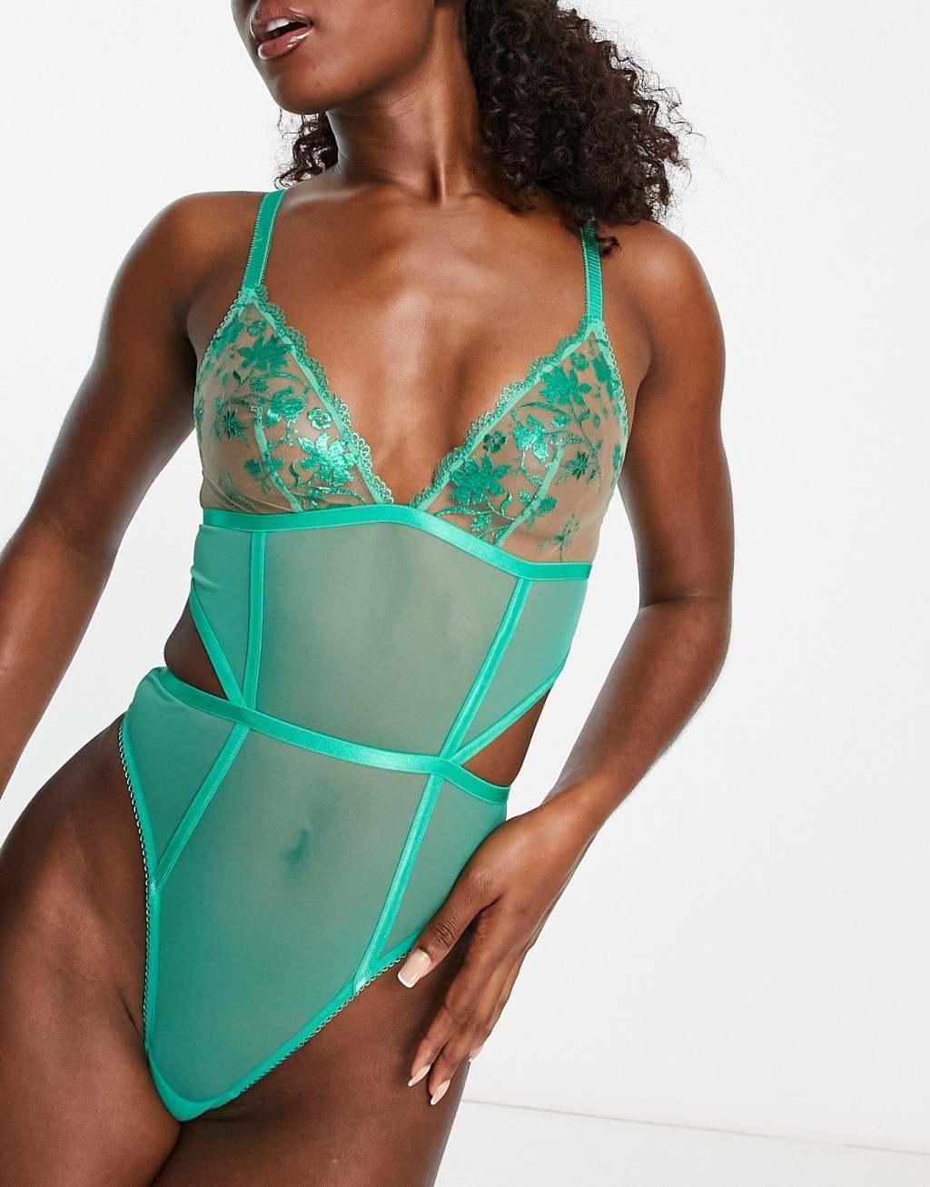 ASOS DESIGN Jade premium shimmer embroidery soft bodysuit in green Product Image