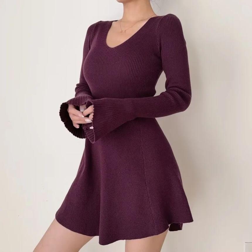 Flare-Sleeve V-Neck Plain Knit Mini A-Line Dress Product Image