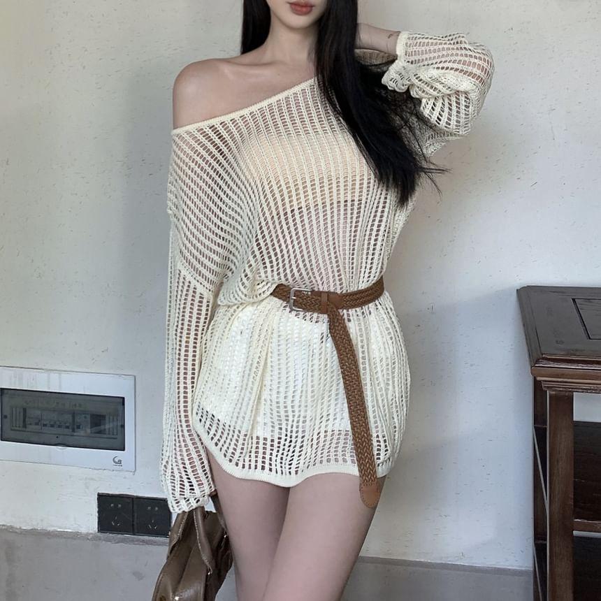 Long-Sleeve Off-Shoulder Plain Perforated Top Product Image