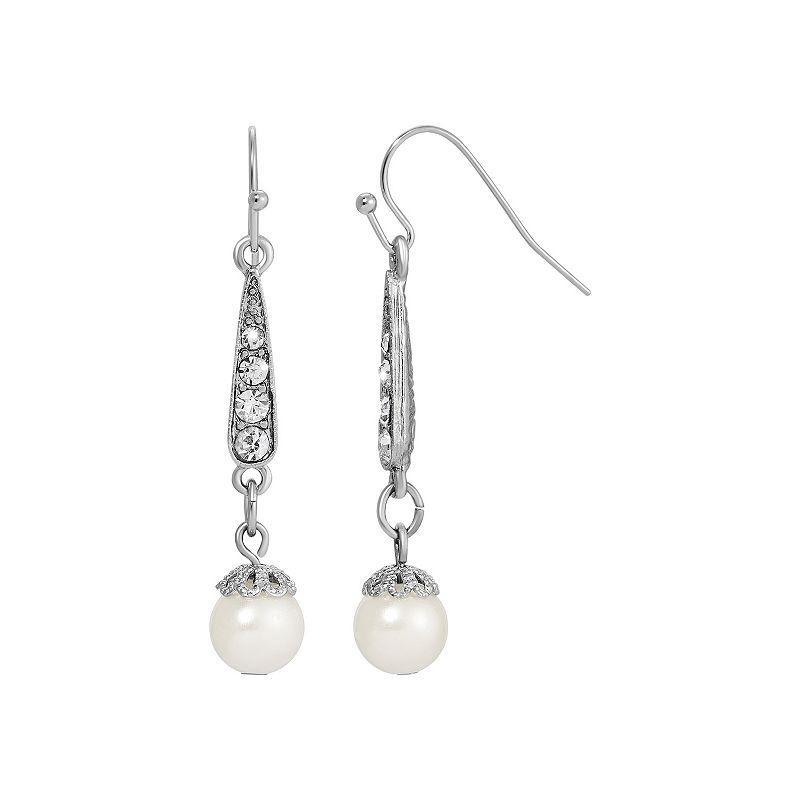 1928 Silver Tone Simulated Pearl Crystal Drop Earrings, Womens, White product image