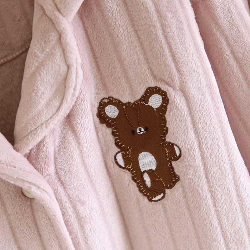 Pajama Set: Teddy Bear Accent Button-Up Jacket + Pants Product Image