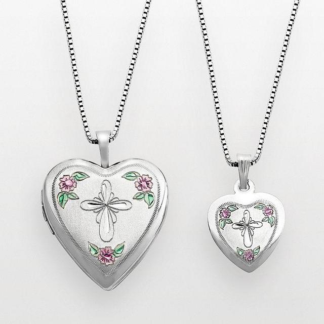 Sterling Silver Cross & Flower Heart Locket & Pendant Set, Womens Multicolor Product Image