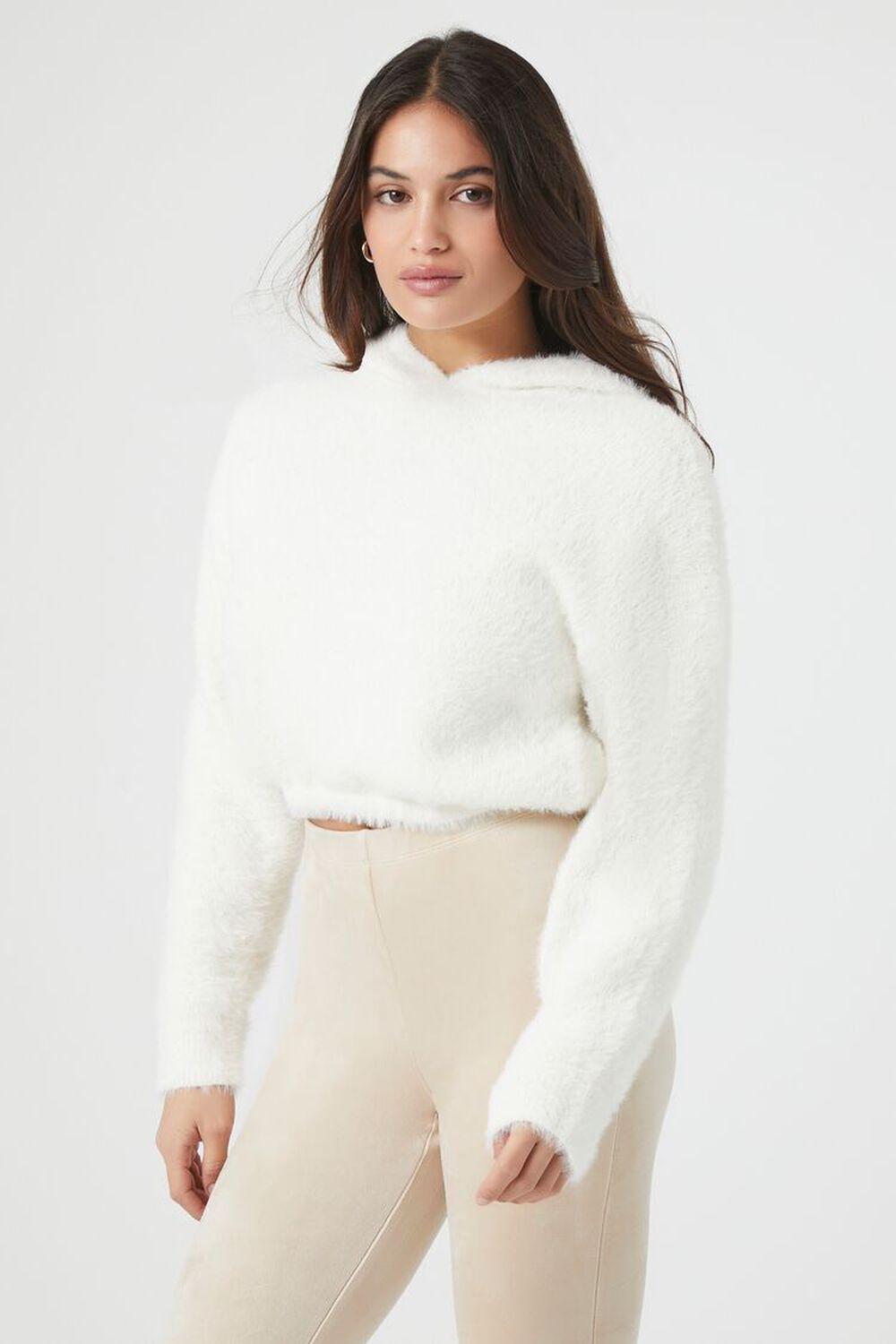 Cropped Fuzzy Knit Hoodie | Forever 21 Product Image