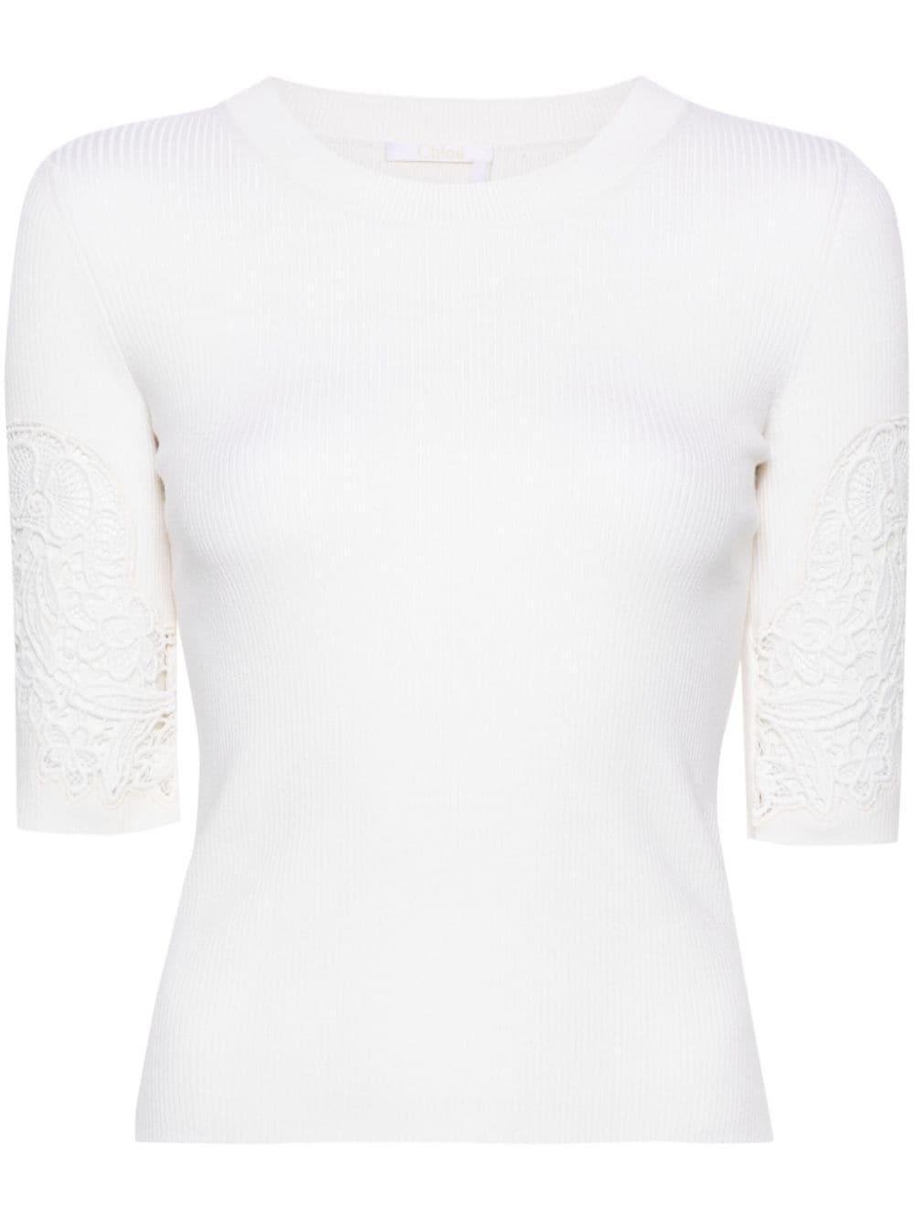 CHLOÉ Lace-panelled Ribbed-knit T-shirt In Neutrals Product Image