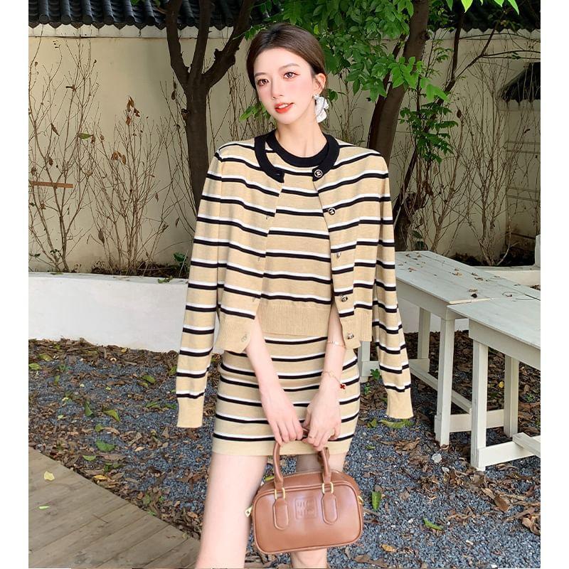 Set: Striped Button-Up Jacket + Short-Sleeve Top + Mini Skirt Product Image