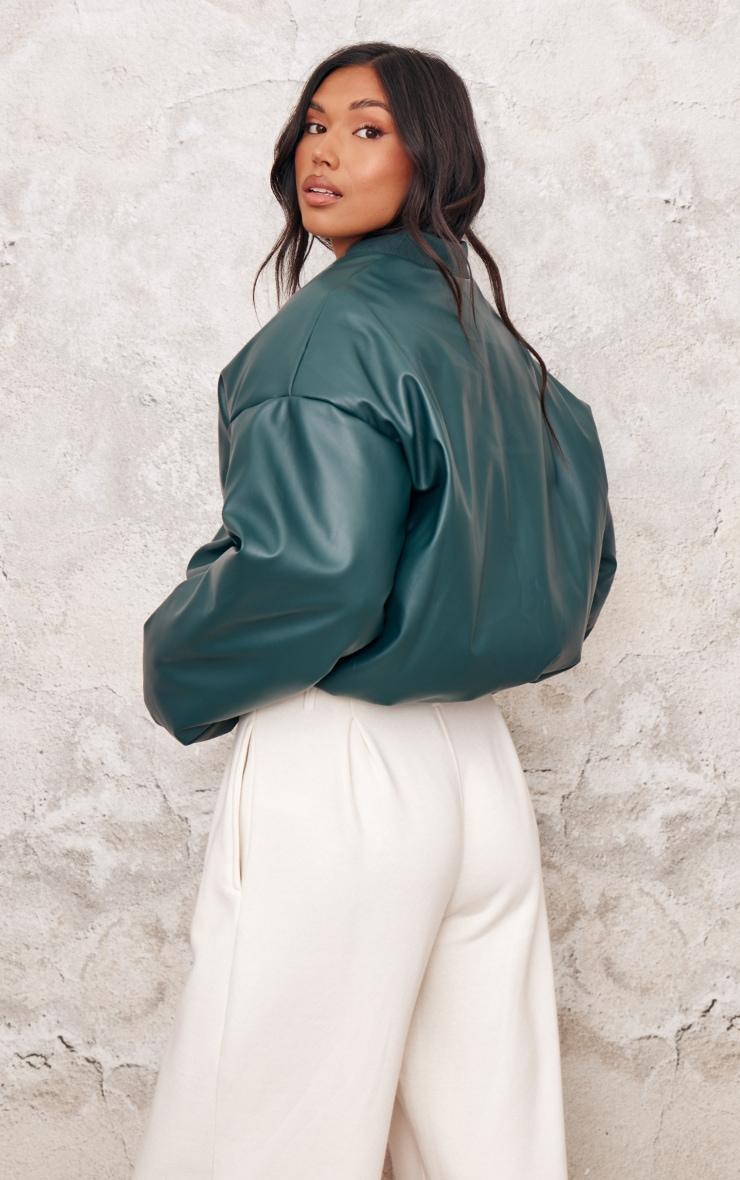  Green Faux Leather Oversized Bomber Jacket Product Image