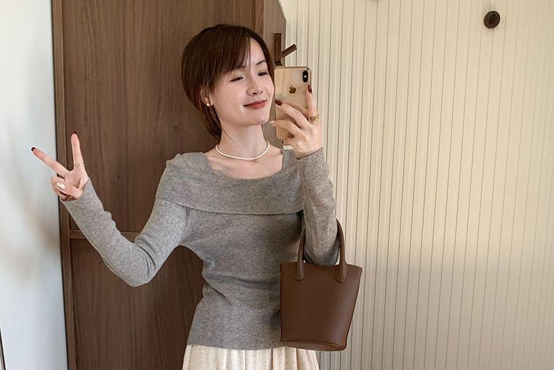 Long-Sleeve Scoop Neck Mock Two-Piece Plain Slim Fit Knit Top Product Image