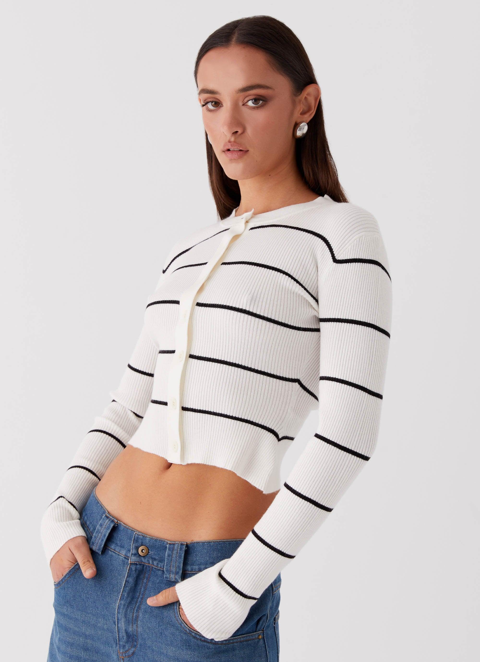 Kaylee Fitted Cardigan - White Stripe Product Image