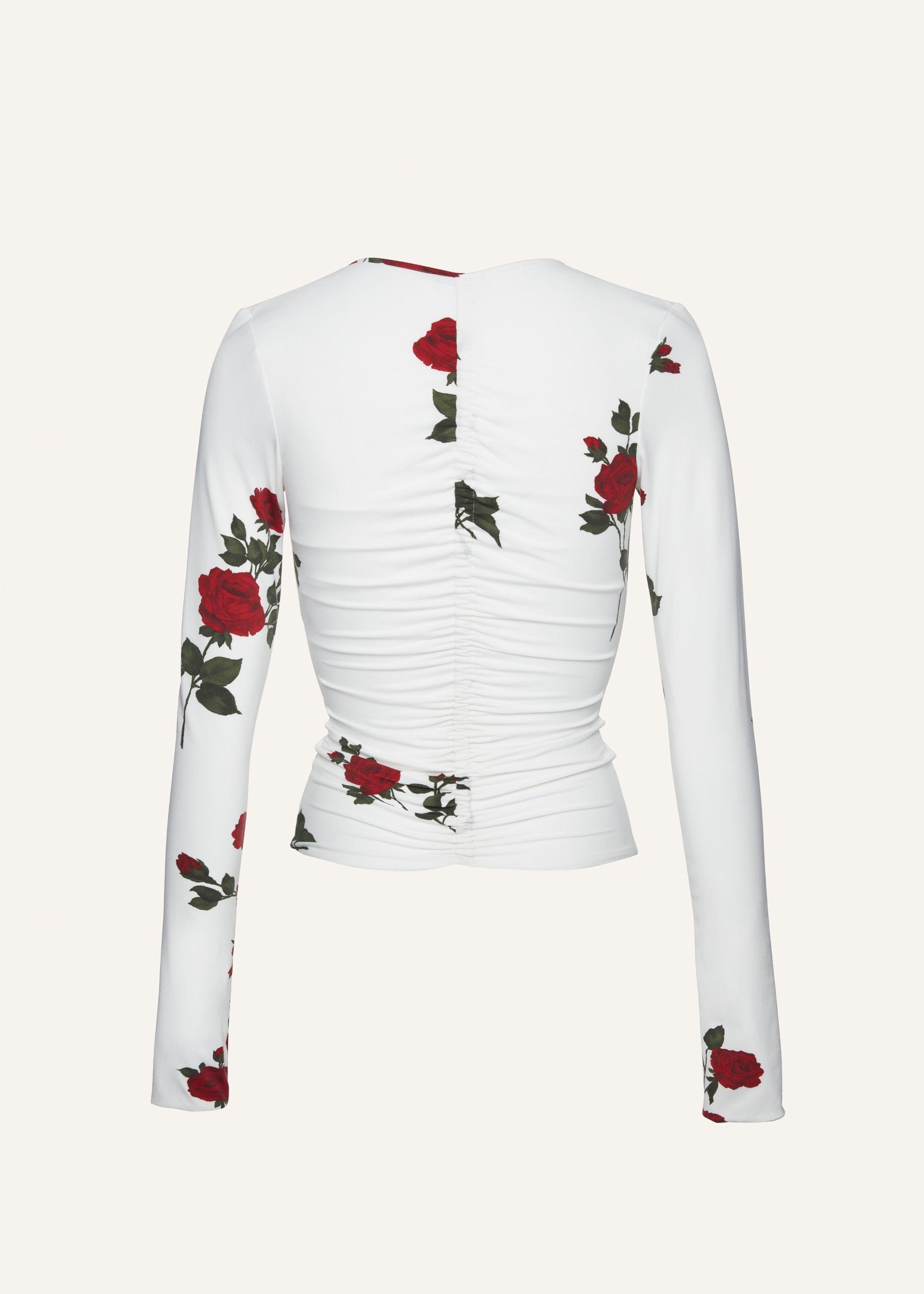 Ruched v neck long sleeve jersey top in white print Product Image