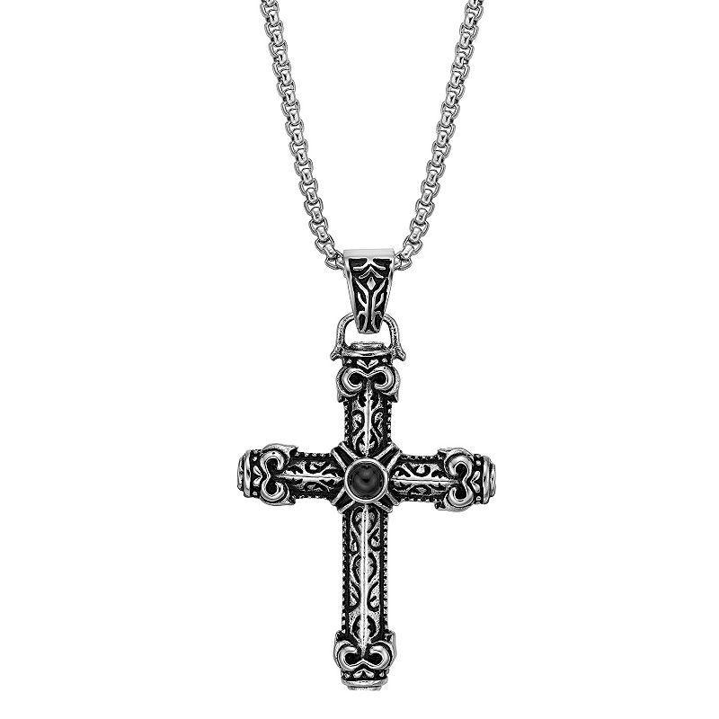 LYNX Mens Black Ion-Plated Stainless Steel Black Agate Cross Pendant Necklace Product Image