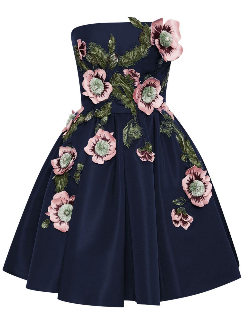 OSCAR DE LA RENTA Strapless Hibiscus Embroidered Faille Mini Dress In Navy Product Image