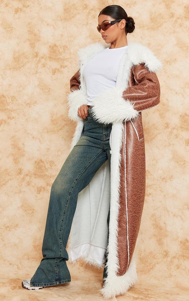 Brown Faux Fur Trim Distressed Faux Leather Maxi Coat Product Image