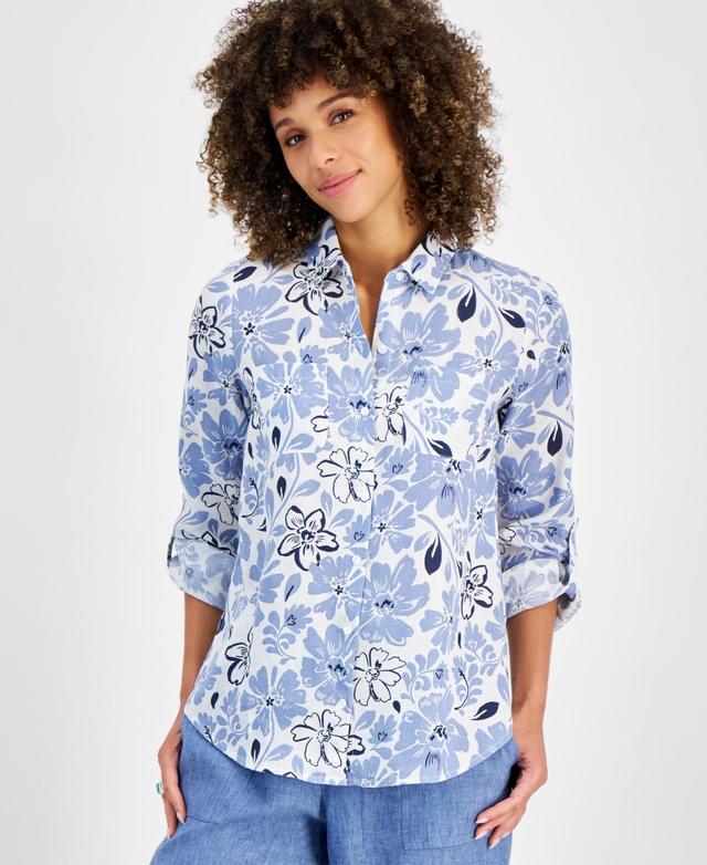 Charter Club Womens Floral-Print Linen Button-Up Shirt, Created for Macys Product Image