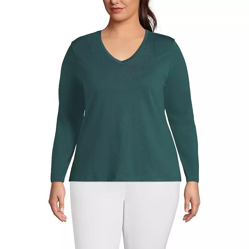 Plus Size Lands End Relaxed-Fit Supima Cotton V-Neck Tee, Womens Deep Green Product Image