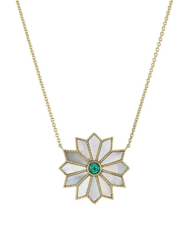 Womens Sacred 18K Yellow Gold, Mother-Of-Pearl & Emerald Flower Necklace Product Image