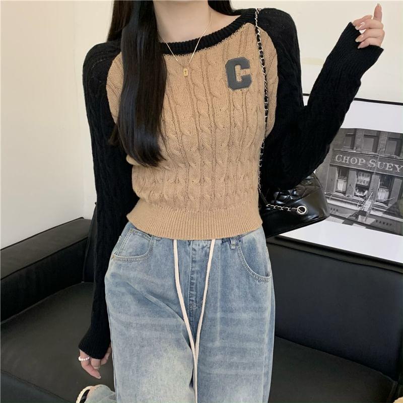 Long-Sleeve Crewneck Lettering Raglan Crop Knit Top Product Image