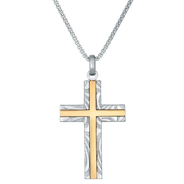 Mens LYNX Gold Inset Damascus Steel Cross Pendant Necklace Silver Product Image