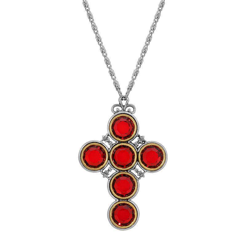 Symbols of Faith Round Crystal Cross Necklace, Womens, Red Product Image