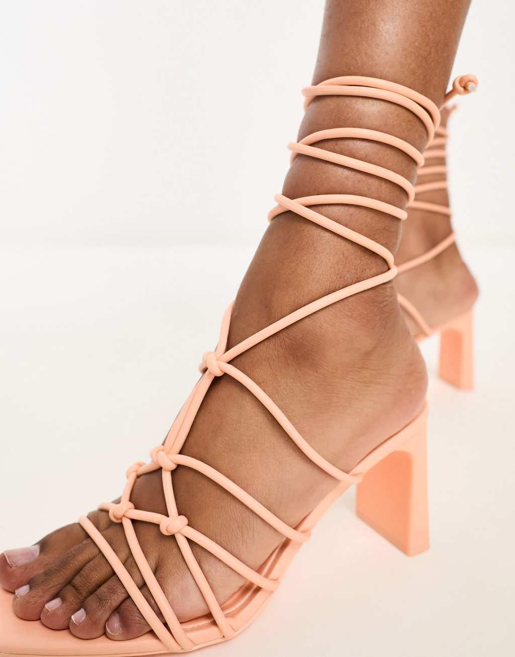 Stradivarius knot front strappy heeled sandal in orange  Product Image