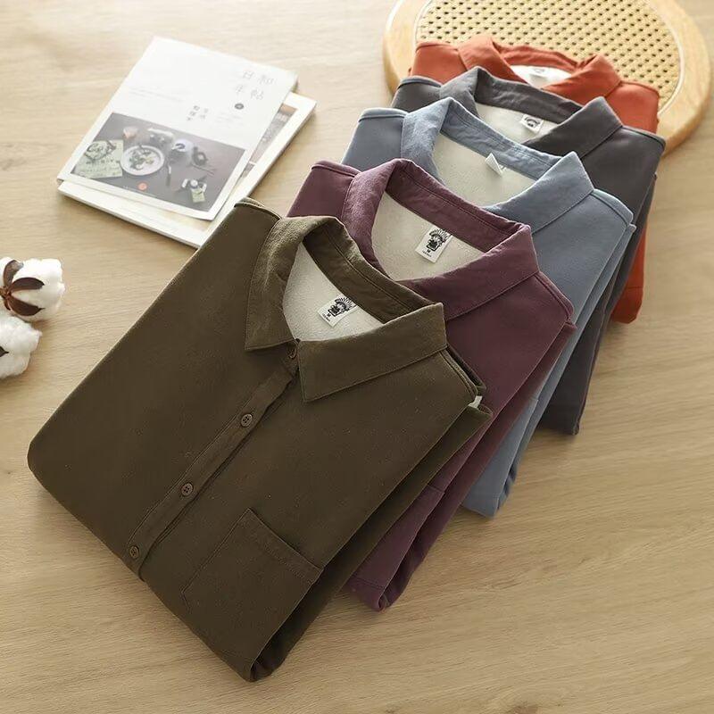 Plain Fleece-Lined Button-Up Shirt Product Image