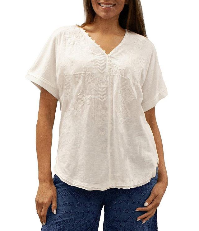 Karyn Seo Embroidered V Neckline Short Sleeve Tee Shirt Product Image