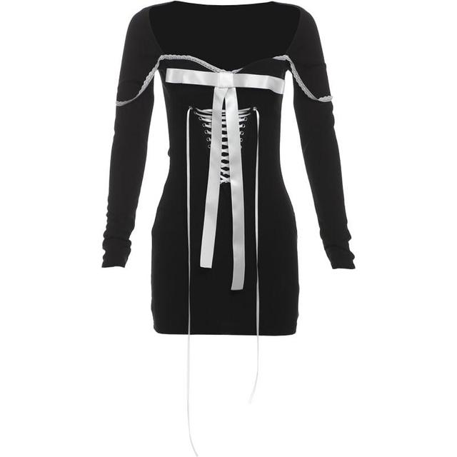 Long-Sleeve Plain Lace-Up Lace Trim Bow Mini Bodycon Dress Product Image