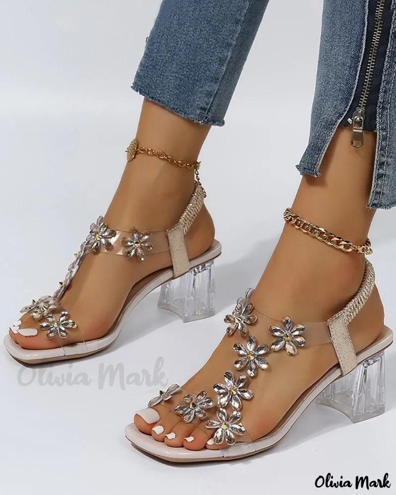 Olivia Mark – Exquisite Rhinestone-Adorned Chunky Heels with Floral Pattern Product Image