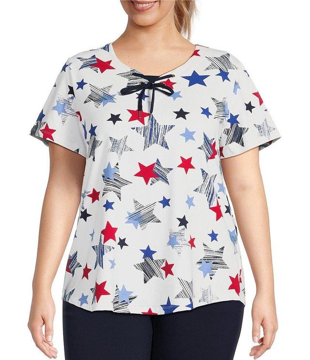 Allison Daley Plus Size Star Print Short Sleeve Lace-Up Split V-Neck Knit Top Product Image