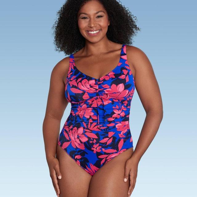 Womens UPF 50 Cinch-Front One Piece Swimsuit - Aqua Multi Floral Print M Product Image