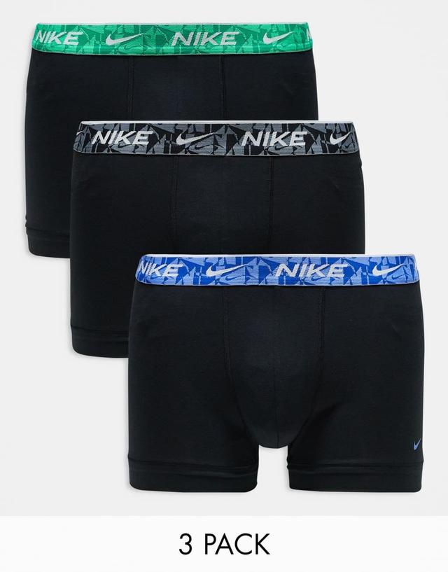 Nike Everyday Cotton Stretch 3 pack trunk with colored waistband in black/blue/green Product Image