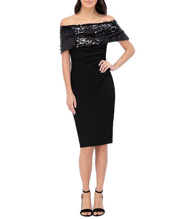 Vince Camuto Crepe Sequin Sheath Fold Over Off the Shoulder Short Sleeve Ruched Dress Product Image